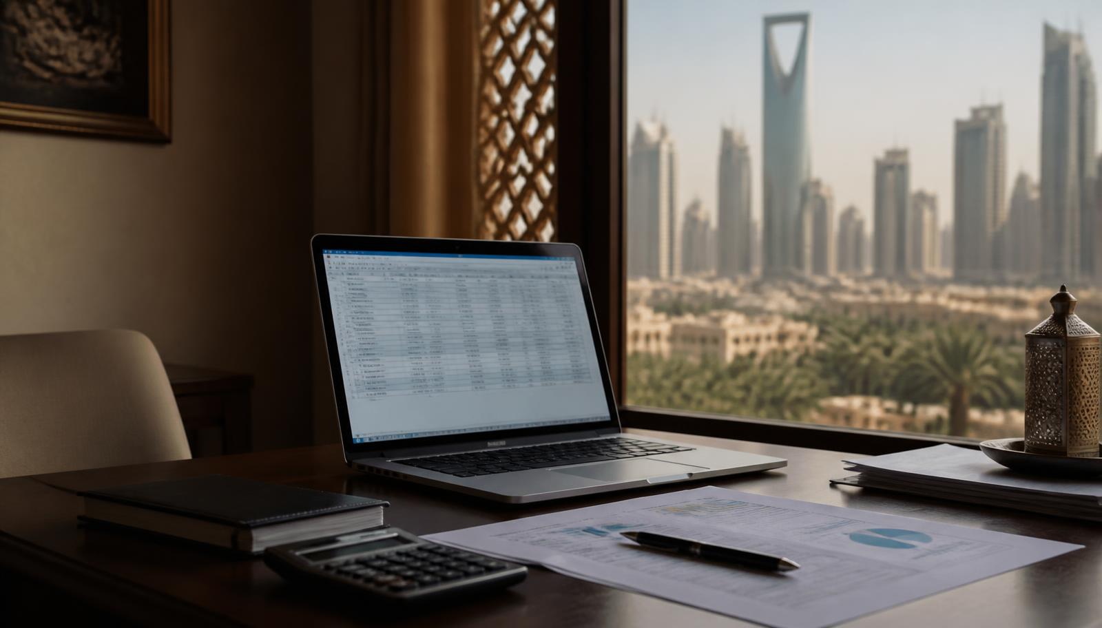 Bureau met documenten, rekenmachine en laptop met een uitzicht op een skyline in de Golfregio