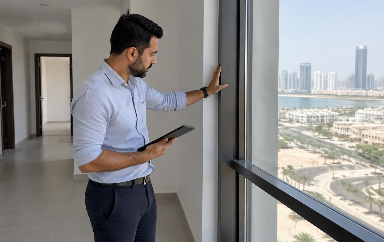Onafhankelijke inspecteur controleert een appartement in Abu Dhabi