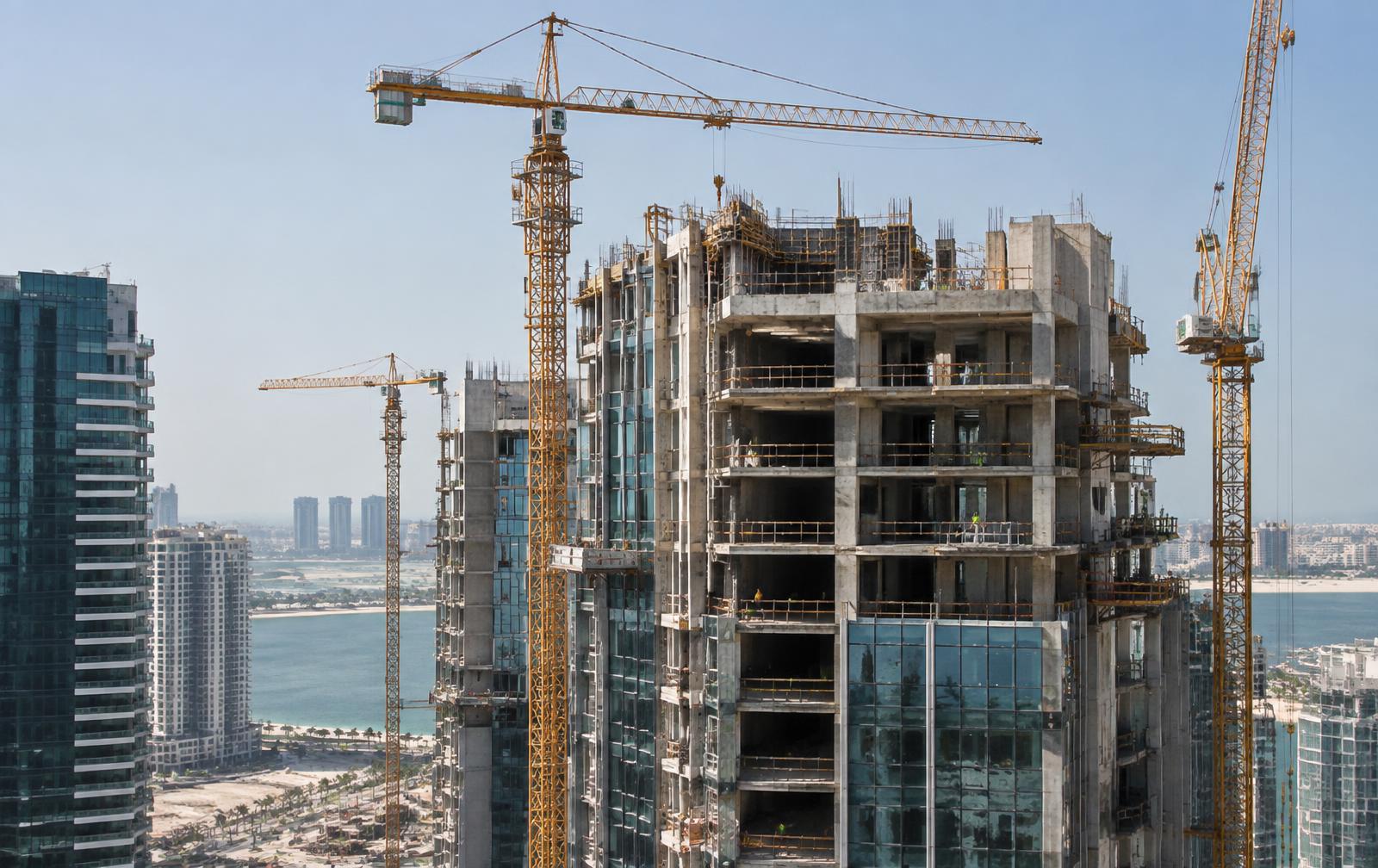 Woongebouw in aanbouw met kranen in Abu Dhabi