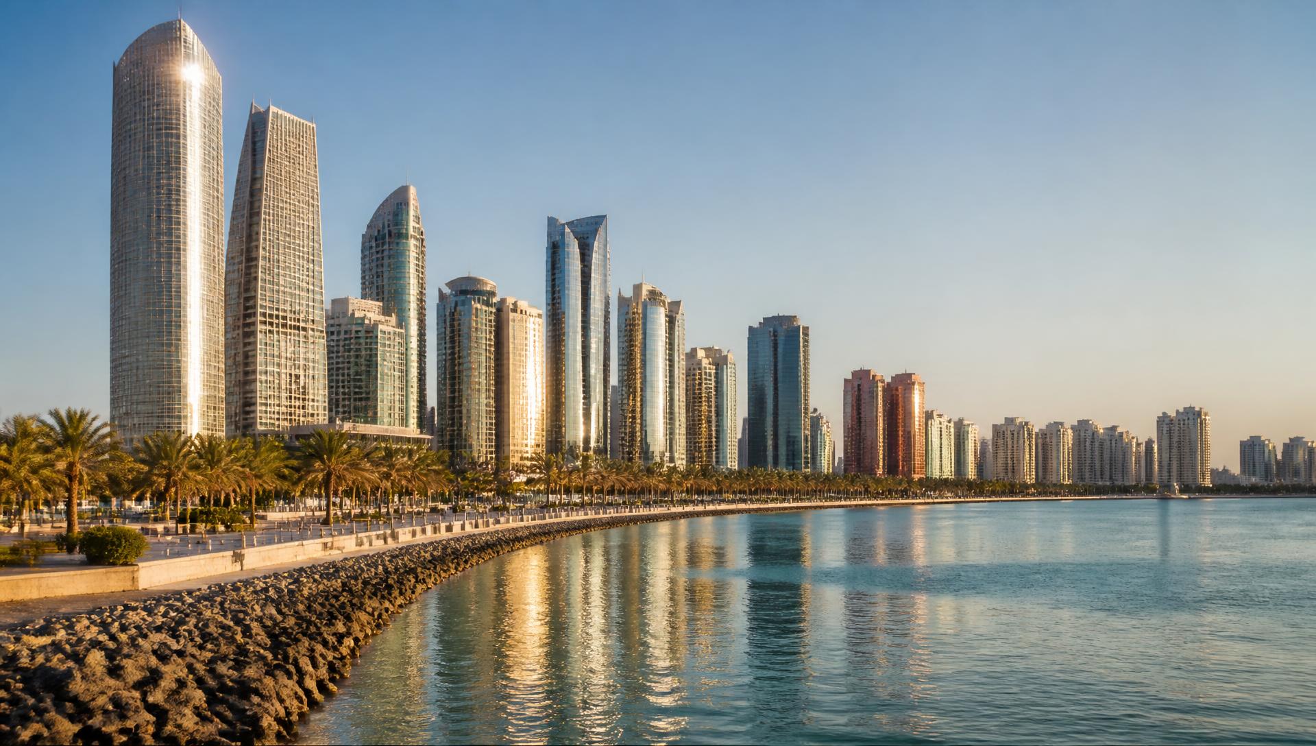 Skyline van Abu Dhabi met woontorens langs de Corniche in het avondlicht
